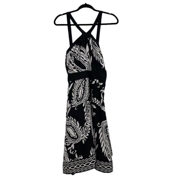 WHBM Strappy Halter Fit & Flare Paisley Print Party Dress Black White Sz M - Picture 1 of 9